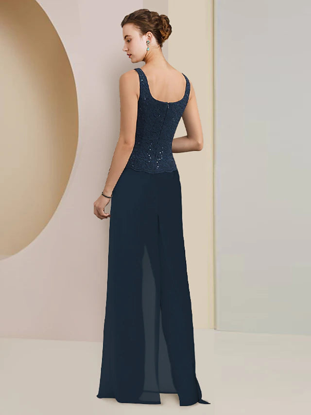 Jumpsuit/Hosenanzug, 3-teiliges Kleid für die Mutter der Braut, formelle Hochzeitsgäste, Übergröße, eleganter U-Ausschnitt, bodenlang, Chiffon, Spitze, ärmellos, Wickelkleid inklusive Pailletten